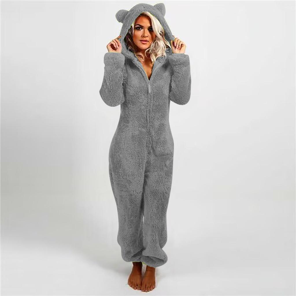 Dames Pluche Romper Herfst Winter Flanellen Pyjama Lange Mouw Rits Hoge Hals Muts Warmhouden Meisjeskleding Nachtkleding Loungewear