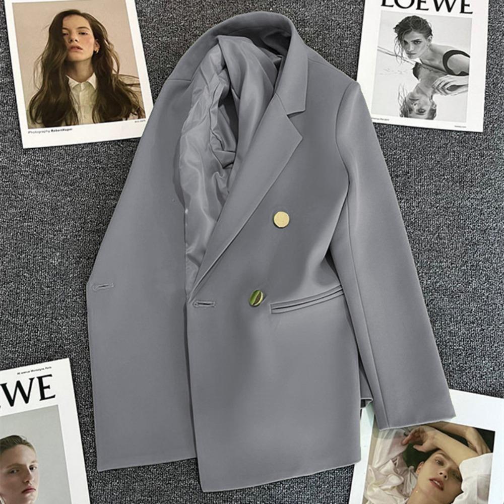 Women's Notched Collar Long Sleeve Blazer Loose Fit Casual Office Jacket Solid Color Single Breasted Pocket Outerwear