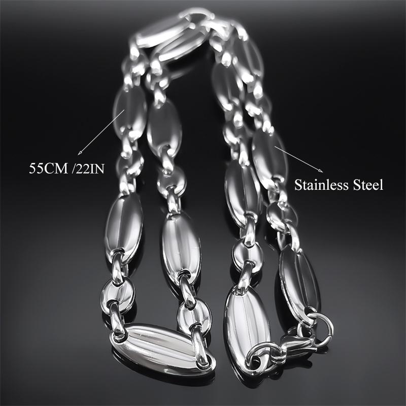 Stainless Steel Big Coffee Beans Seeds Link Chain Necklace Silver Color Hip Hop Long Necklaces for Man Women Jewelry Colar