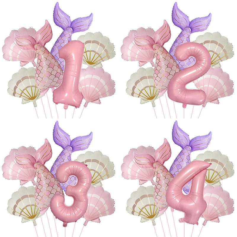 7 Stück Meeresmeerjungfrauenschwanz Muschel Muschel Ballons Set Rosa 0-9 Zahlen Folienballon Unterwasser Geburtstagsparty Dekoration Babyparty Zubehör