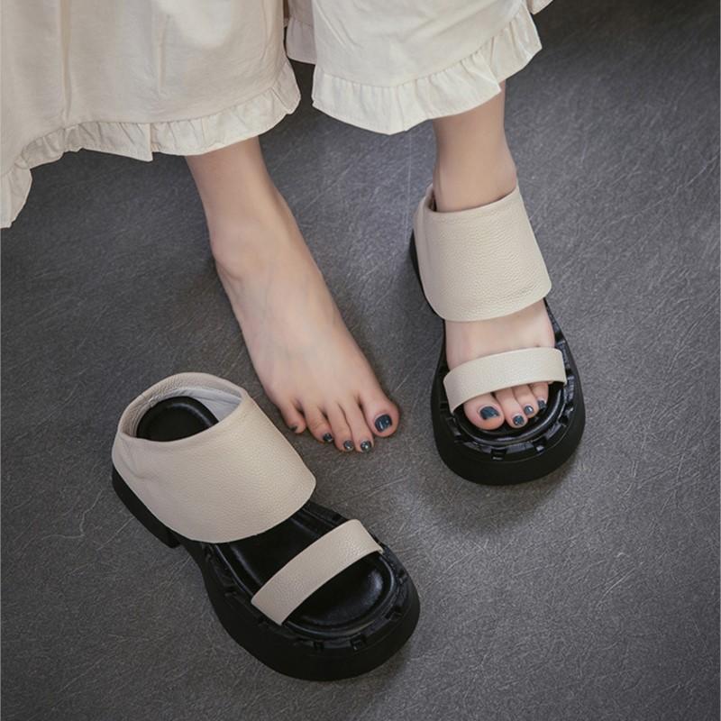 Genuine Leather Retro Thick Soled Peep Toe Sandals Versatile Coarse Heel Women's Slip-on Shoes