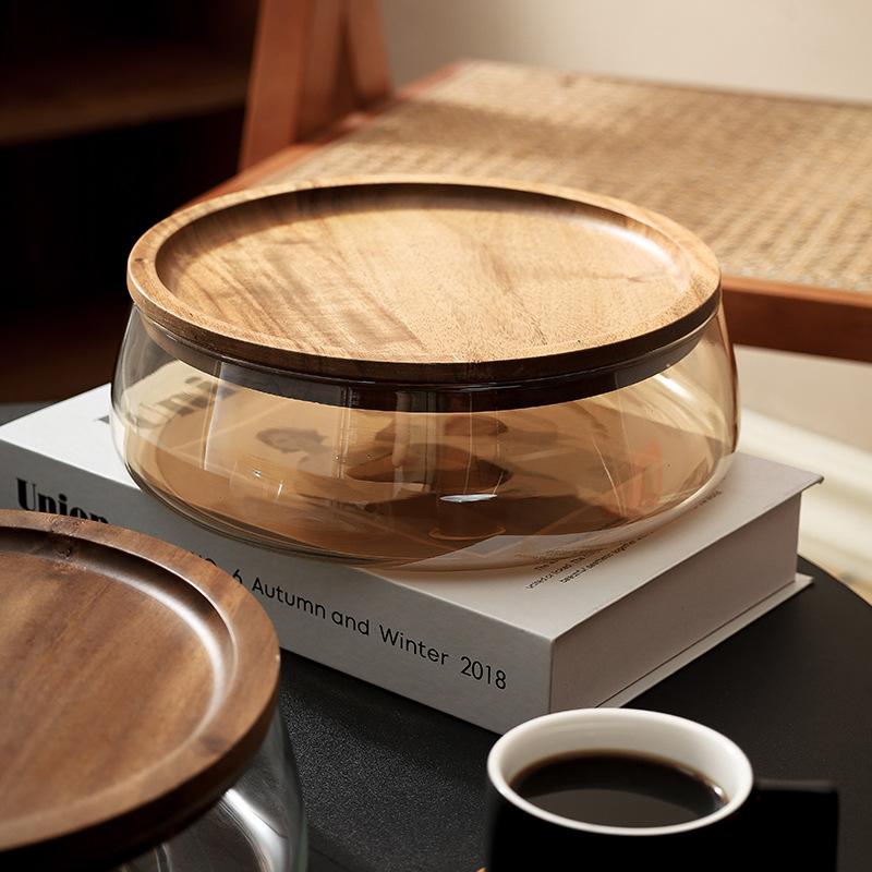 Glass Food Storage Fruit Tray with Wooden Cover Nut Candy Fruit Organizer for Coffee Table Dry Fruit Bowl Kitchen Storage