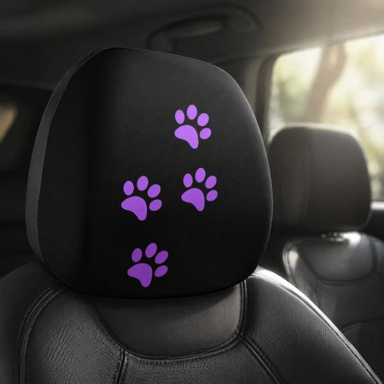 Durable Polyester Car Seat Accessories 2Pcs Universal Headrest Cover with Purple Cat Paw Print, Elastic Personalized Vehicle Sleeves Protector