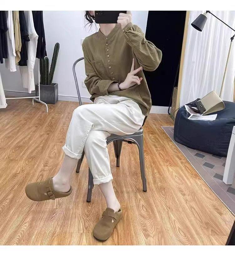 2025 Spring/Summer Women's Artistic Retro Korean Style Cotton Linen Stand Collar Shirt, Long Sleeve, Loose Fit