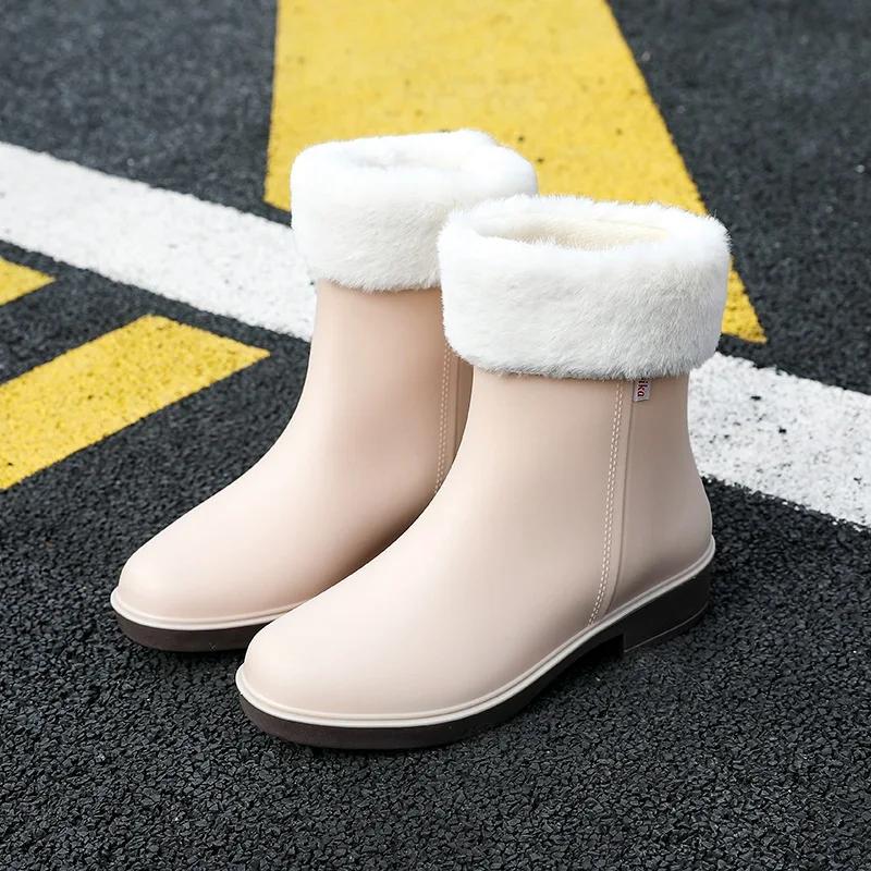 Fashion Women Rain Boots Korean High-heel Fashion Outdoor Short Tube Rain Boots Waterproof Shoes Warm Cotton Anti Slip Ankle Boots 2025
