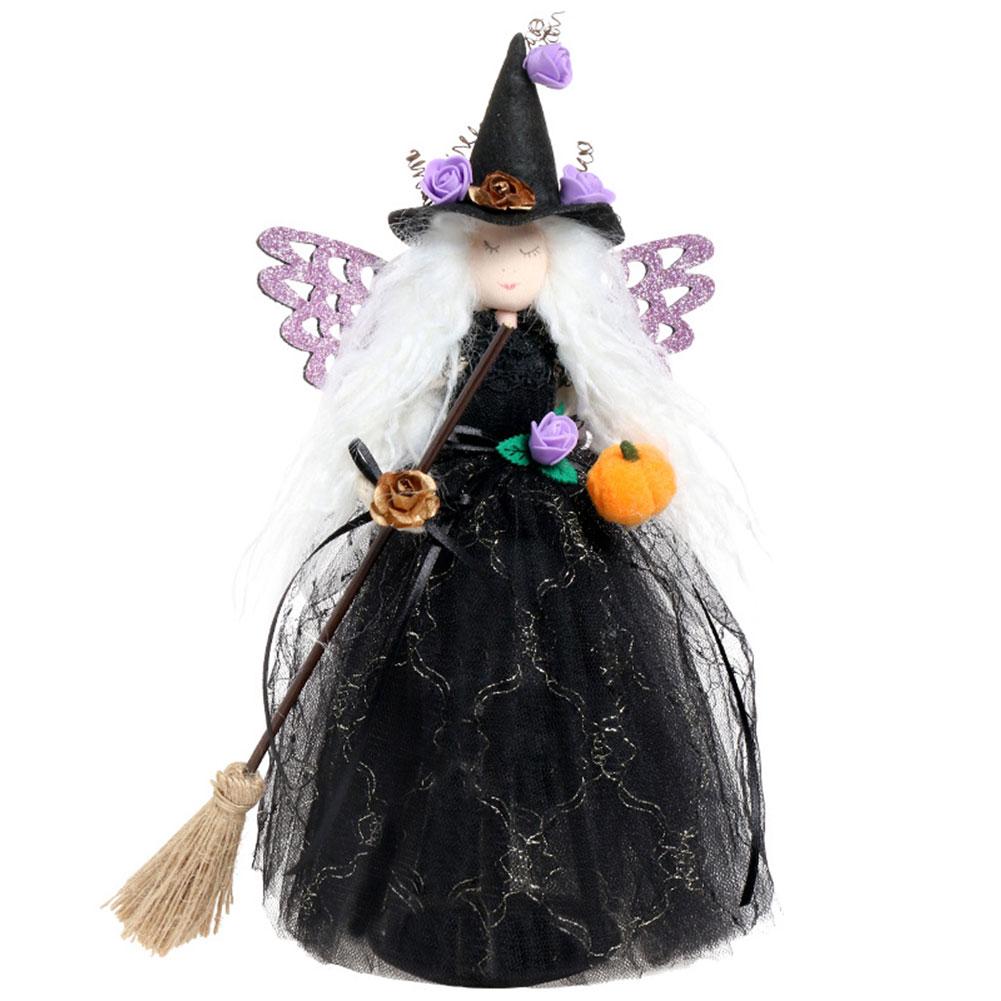 Halloween Witch Doll with Broom Haunted House Doll Ornaments Halloween Witch Tree Topper Decoration for Halloween Party Decor