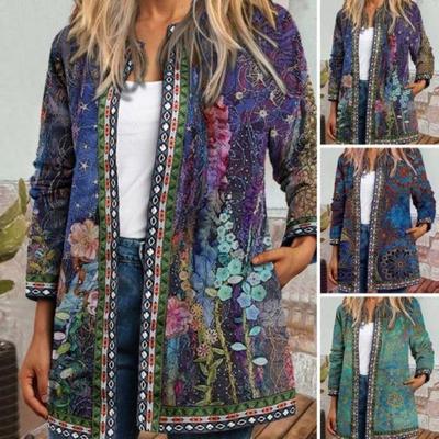 Vintage Floral Print Cardigan Women Open Stitch Loose Fall Coat Long Sleeves Pockets Rich Colors Colorfast Spring Autumn U Neck
