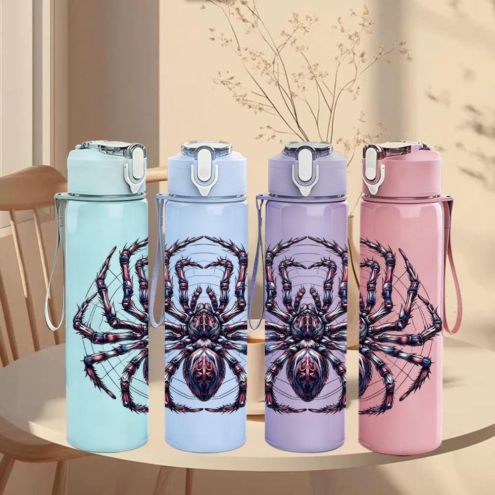 1PC Black Spider Arachnid Pattern 750ml Color Plastic Sports Water Bottle Leakproof Flip Straw Lid Suitable for Sports Office Home Use