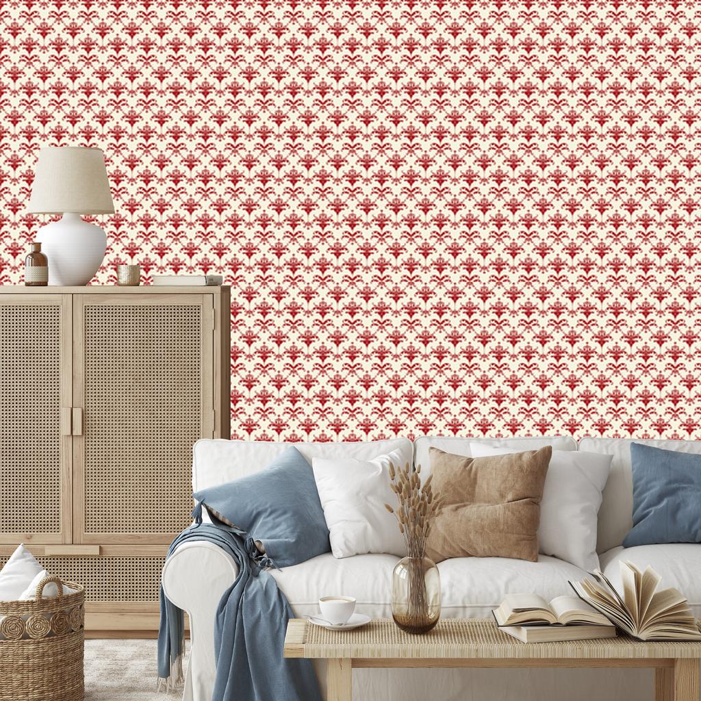 Christmas Damask Wallpaper Cream and Red 50x1000