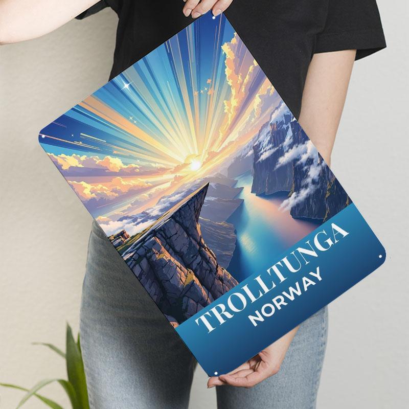 Gelassenes Trolltunga Norwegen Sonnenaufgang Metallschilder Transportposter Wohnzimmerdekorationen Heimdekoartikel Gartendekoration