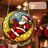 Indoor Christmas Atmosphere Decor Stained Glass Style Hanging Pendant Acrylic Santa Claus Plants Ornaments with Lanyard Decorative for Xmas