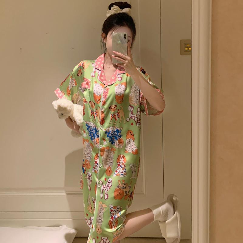 Zhao Ruth Same Cartoon Dog Ice Silk Pajamas Women'S Summer Short-Sleeved Sweet Wind Shirt Nightdress
