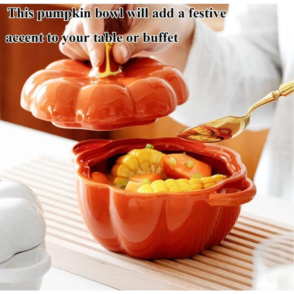 6.5inch Ceramic Bowl With Lid And Handle Pumpkin Ramekins For Baking Casserole Dish Individual Severing Pot Oven Safe