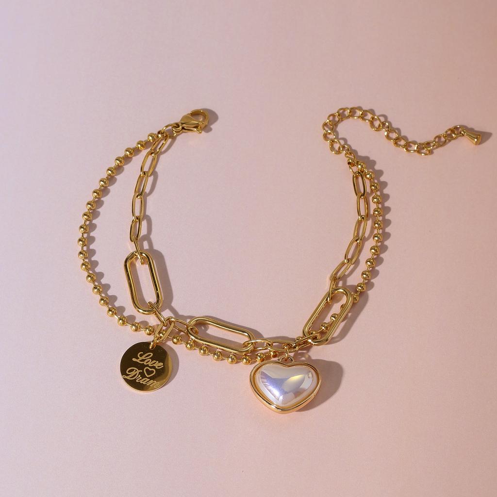 Golden Double Layer Chain Heart Pearl Charm Bracelet for Women Elegant Jewelry Gift