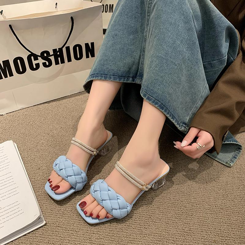 Fashion Square Low Heel Woman Sandals 2024 Summer Weave Designer Open Toe Fashion Mid Heels Leather Casual Outside Lady Beach Shoes