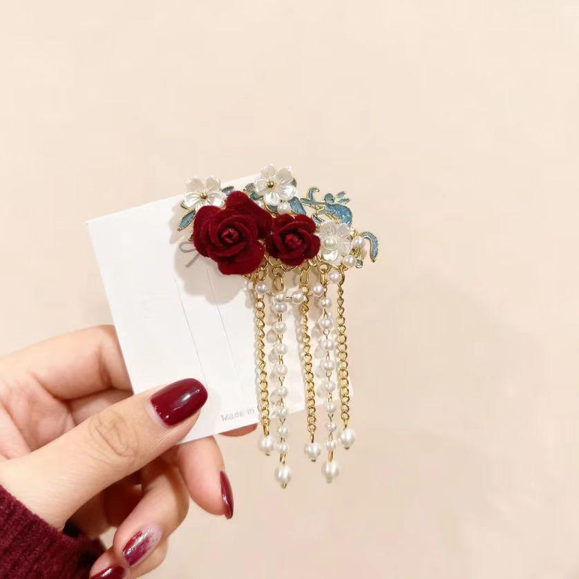 Elegant Red Rose Bridal Hairpin: Chinese Style U-Shaped Tassel Headdress