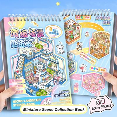 New Cartoon 3D Landscape Sticker Book PET DIY Cabin Scene Pocket Sticker Miniature House Sticker Cabin Scene for Kid