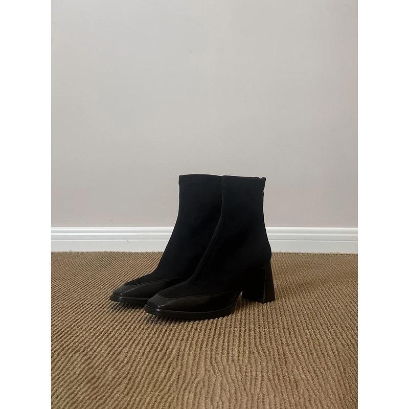 Cowhide version~ Stylish and simple retro thin high-heeled elastic boots women's rear zipper square head leather splicing thin boots