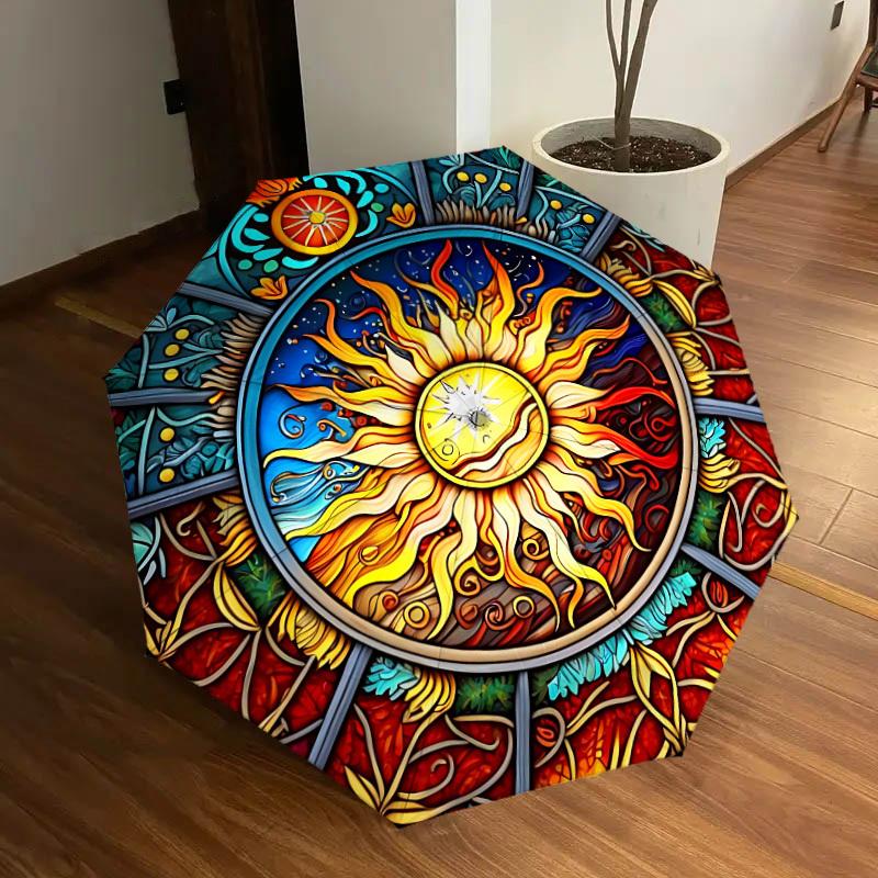 1pc Sunburst Mandala Automatic Umbrella Durable Iron Frame & Plastic Handle, Gift for Family & Friends, Sturdy Construction yy250905168