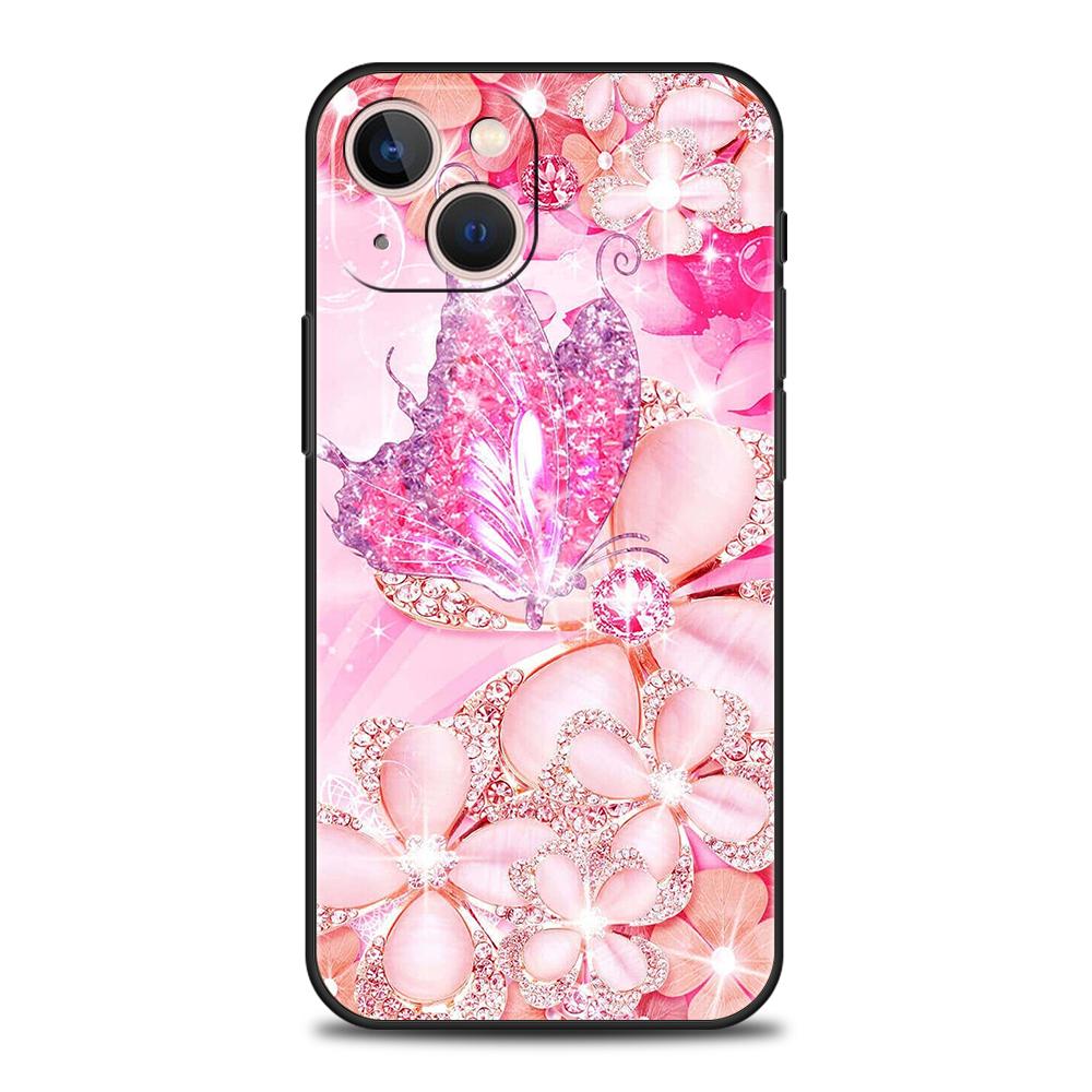 Butterfly Crystal Luxury Phone Case For iPhone 11 12 13 14 15 Pro Max Mini X XR XS 7 8 Plus SE Soft Silicone Cover Black Funda