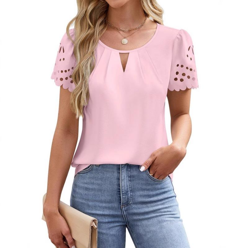 

Women s new summer fashion fashion V-neck hollow lace short-sleeved chiffon shirt L рожевий