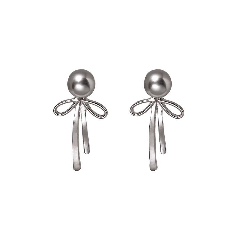 Women's Cool-Toned Gray Pearl Bow Stud Earrings - Luxury Fashionable Cold Style Ear Jewelry