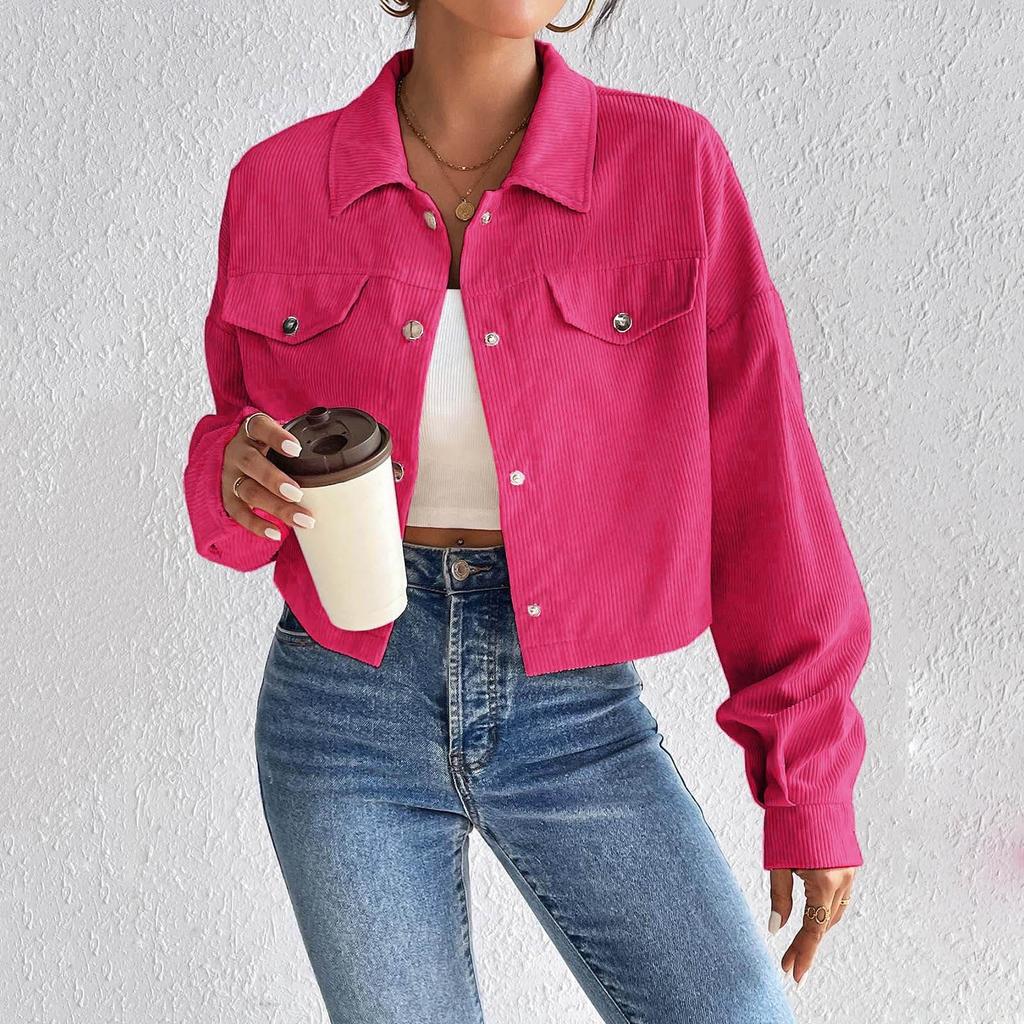 Womens Fashion Cropped Shacket Button Down Corduroy Shirt Jackets Casual Long Sleeve Crop Tops Trendy Fall Outfit