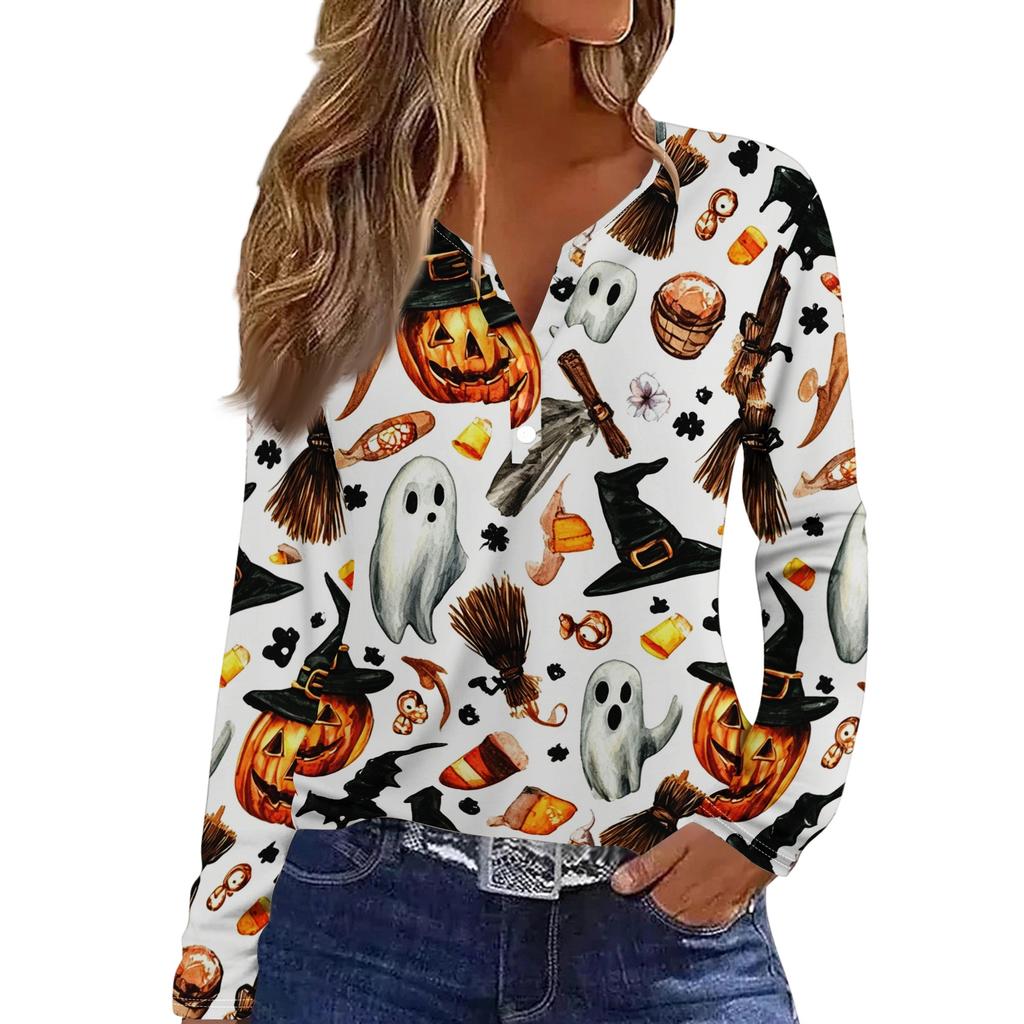 Women's Fashion Casual Halloween Printed V-Neck Button Trim Long Sleeve T-Shirt Top