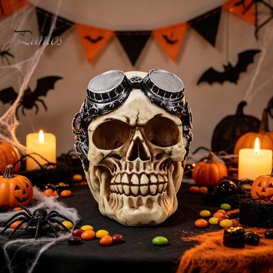 Durable Synthetic Resin Ornaments Hip-hop Headphone/Steampunk Skull Figurine, Skeleton Statue, Vintage Steampunk Style Statue Ornament for Haunted