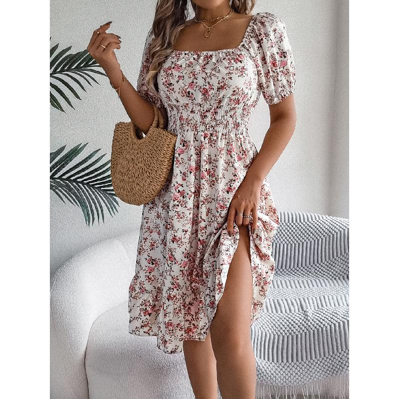 2026 Spring/Summer New Floral Print Square Neck Short Sleeve Waist-Cinching Ruffle Hem Women's A-Line Dress