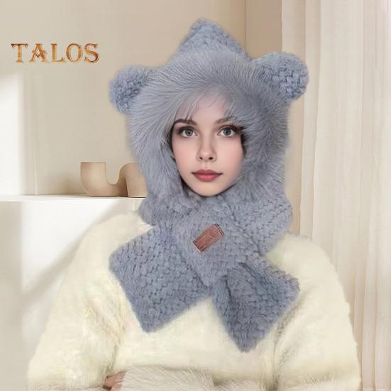 Women Winter Integrated Hat And Scarf Thick Fleece Warm Cartoon Fox Ear Decor Windproof Full Protection Outdoor Travel Cold Weather Snowboarding