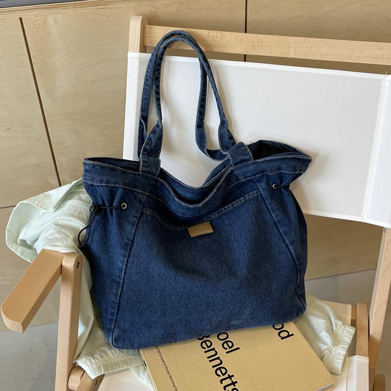 Washed Retro Denim Bag for Women  Versatile  Large Capacity  Shoulder Bag with Cord  Lazy New Bag