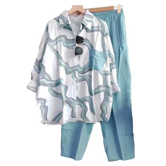 Conjunto de Dos Piezas a Rayas para Mujer Camisa Blusa de Manga Larga con Solapa y Botones y Pantalón Traje Deportivo Casual de Verano