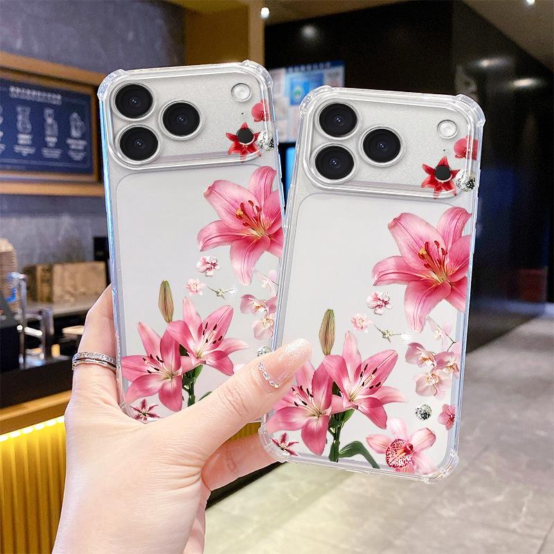 Hot-selling ins Feng Shui Color Pink Lily Apple 15PM Mobile Phone Case Four Corners Anti-drop iPhoneAIR Protective Case