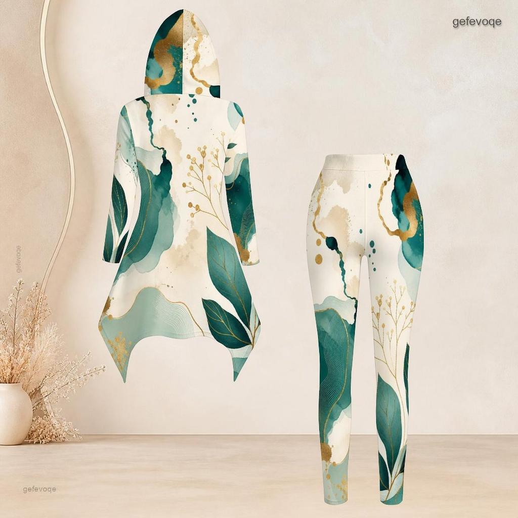 Women Plus Size Hooded Long Sleeve High Low Top Fitted Pants Green Beige Printed Two Piece Set