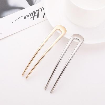 Chinese Style Metal U Shaped Hair Stick Fork Clip Minimalist Vintage Hanfu 2 Prong Updo Chignon Pin Bun Holder Hairpin