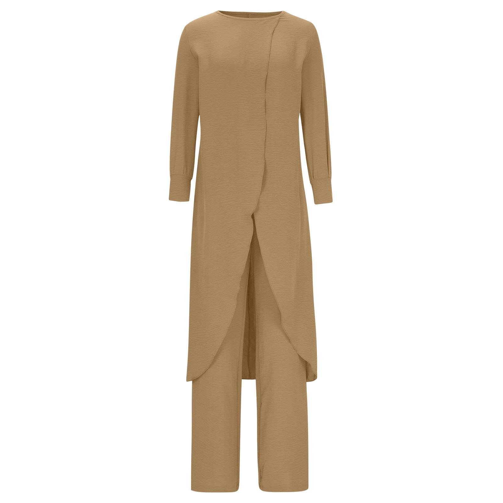 

Женский комплект больших размеров, повседневный, с длинными рукавами, круглым вырезом, перекрещивающимися топами нестандартной формы, широкими брюками, комплект из двух предметов XXXL хаки