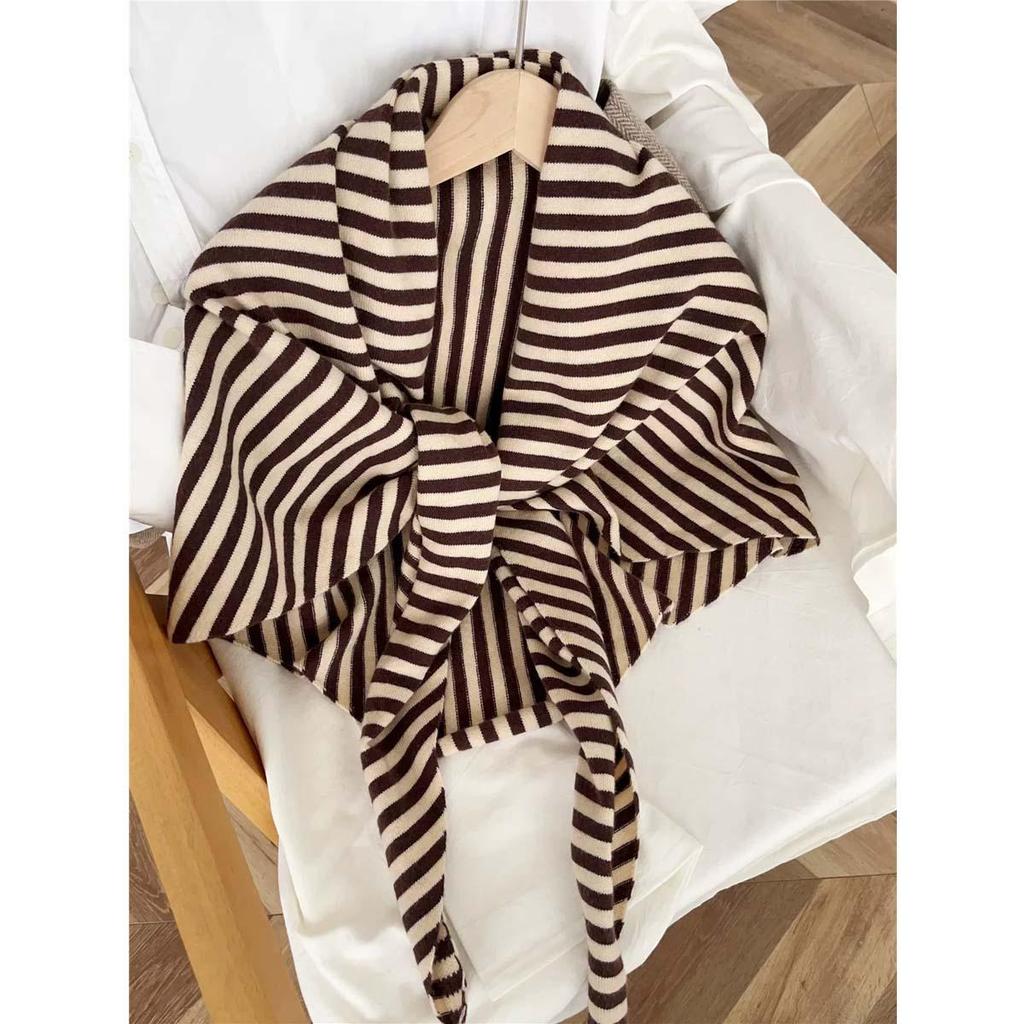 2025 Wool Blend Striped Triangle Shawl Women's Warm Thick Knitted Outerwear
