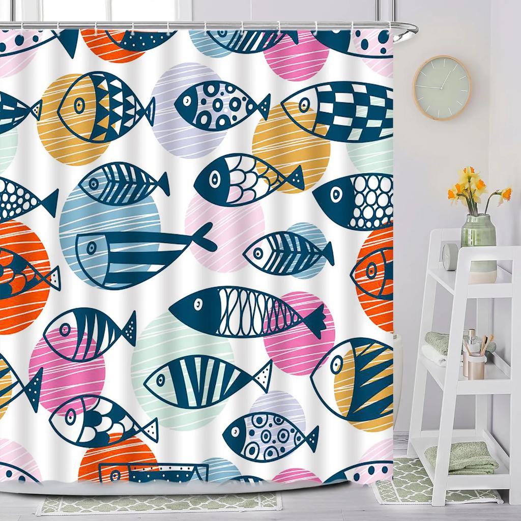 Lustiger Fisch Duschvorhang, Cartoon Ozean Handgemalt Blau Kinder Niedliches Tier Wal Druck Stoff Badezimmer Dekoration mit Haken