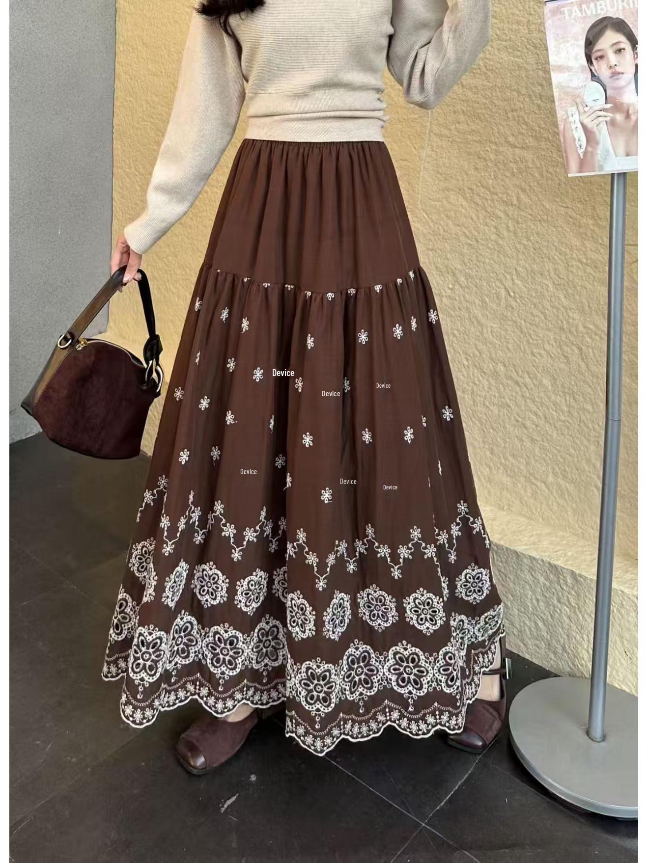 Женская Осенняя Ретро Китайская Вышивка Плиссированная Юбка А-силуэта с Кружевом One Size коричневый