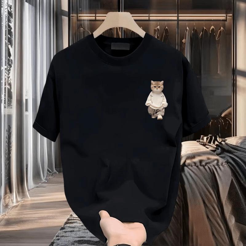 Summer Round Neck Cartoon Cat Pattern Printed Top Fashionable Casual Pure Cotton Short Sleeved Men's T-shirts