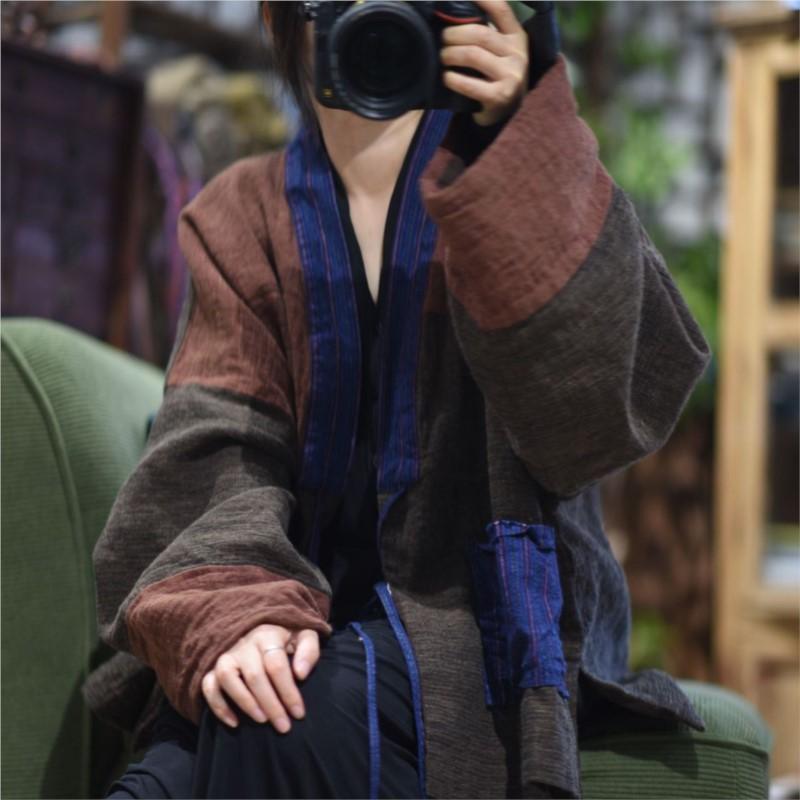 Johnature Women Vintage Jackets Patchwork Color Loose Belt Coats Autumn V-Neck Long Sleeve Jackets