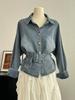 Women's Retro Denim Jacket: Lace-Up Waist, Collar, Long Sleeves, Short Loose Fit, Spring Style.