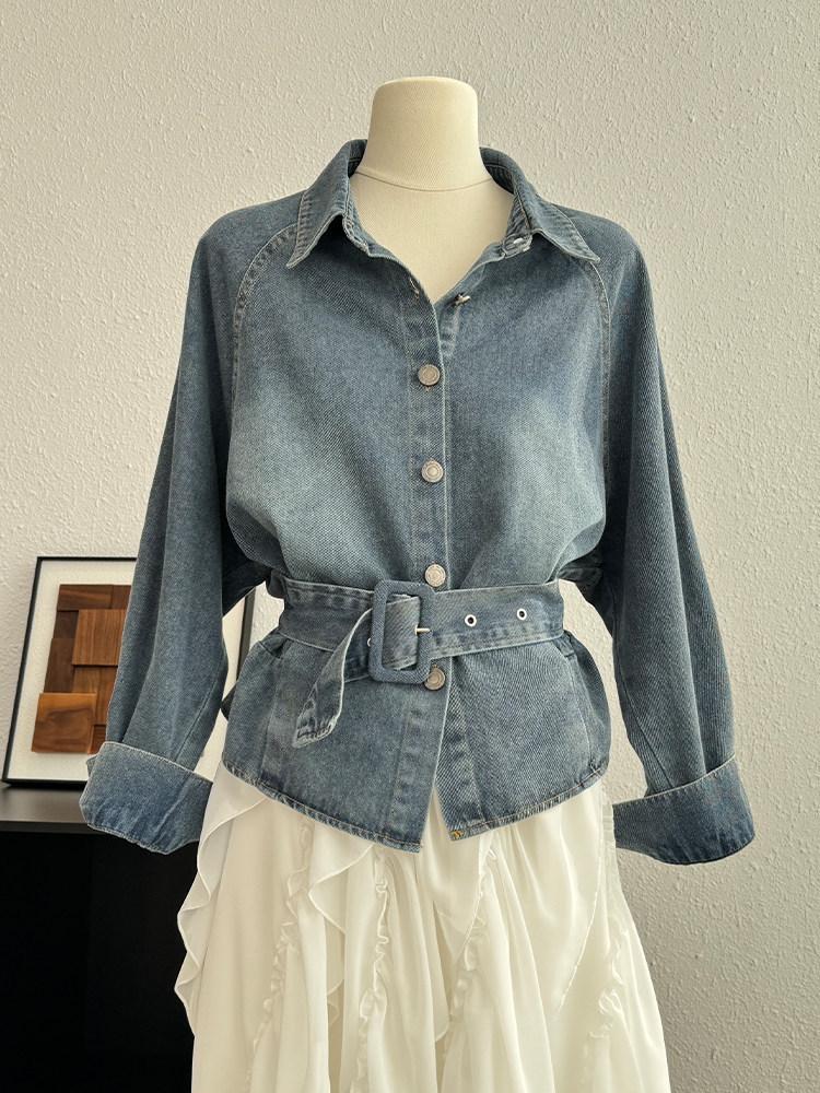 Women's Retro Denim Jacket: Lace-Up Waist, Collar, Long Sleeves, Short Loose Fit, Spring Style.