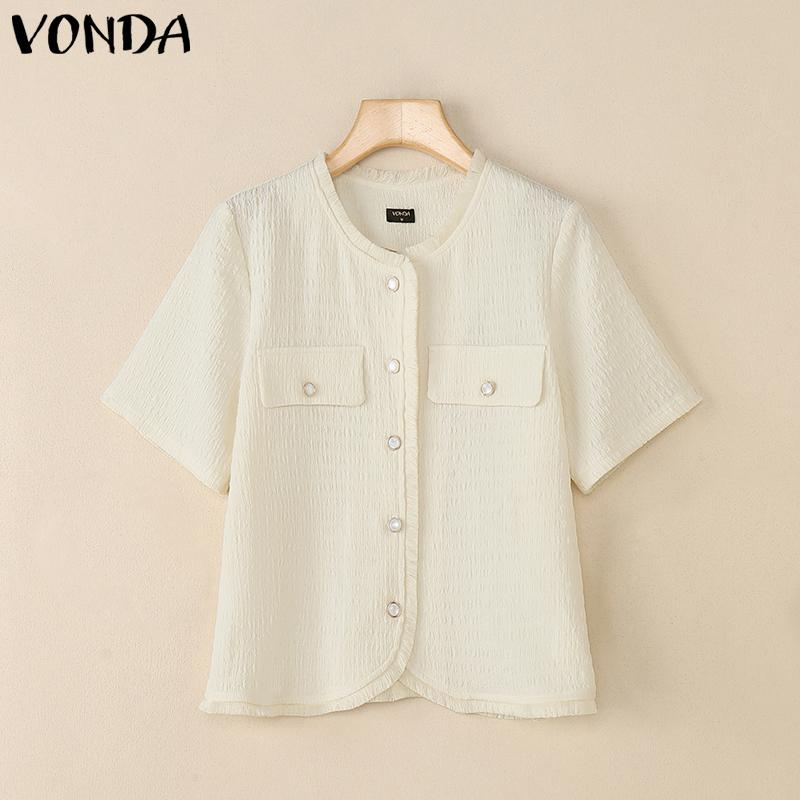 VONDA Elegant Women Short Sleeve Furry Hem Buttons Down Texture Casual Blouse