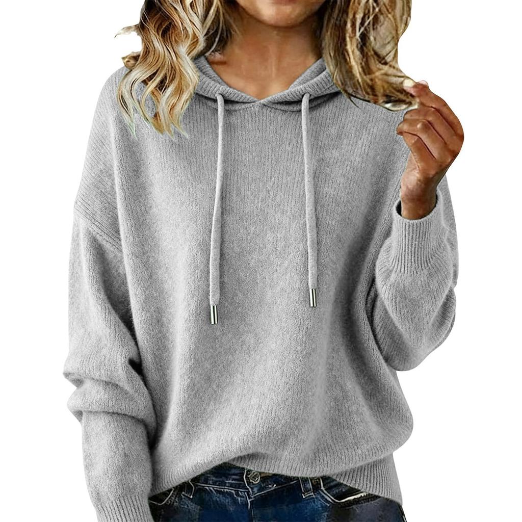 Women S Loose Fit Hooded Knit Pullover Sweater Long Sleeve Solid Color