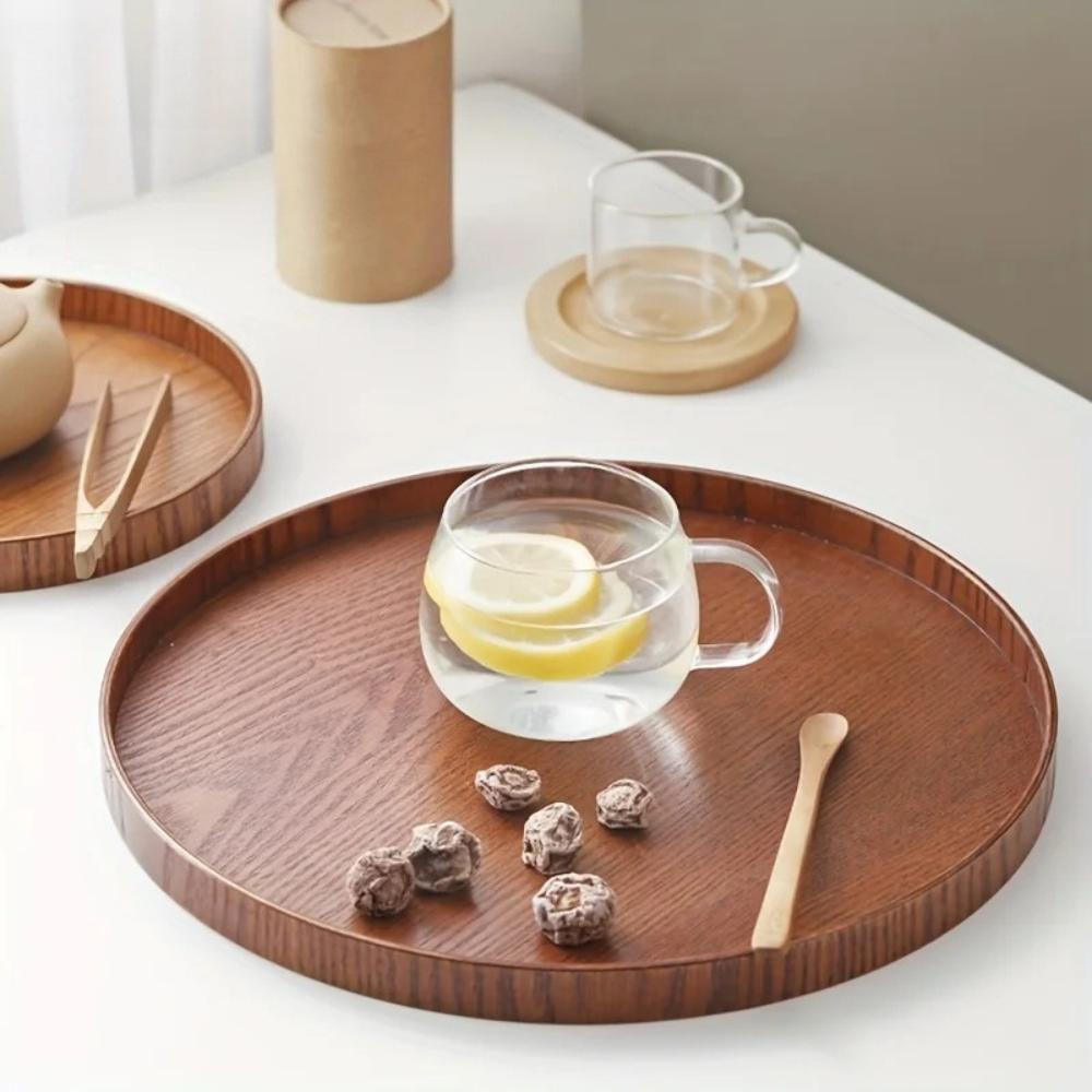 1PCS Wood Serving Tray Home Decoration Kitchen Counter Breakfast Plate Non Slip Salad Dessert Plate Round Coffee Tea Tray