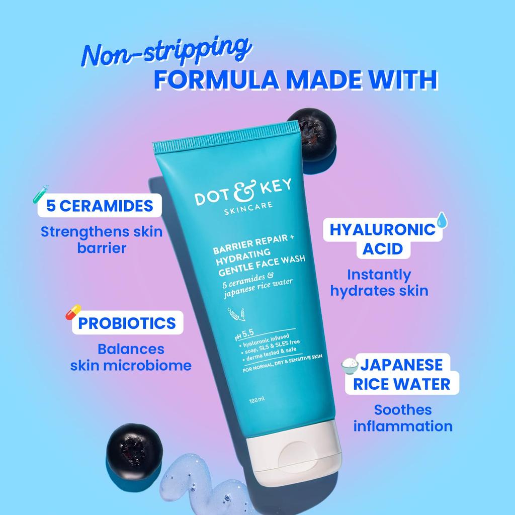 Dot & Key Barrier Repair Hydrating Gentle Face Wash With Probiotics For Dry Sensitive Skin Daily Cleanser 100 ml