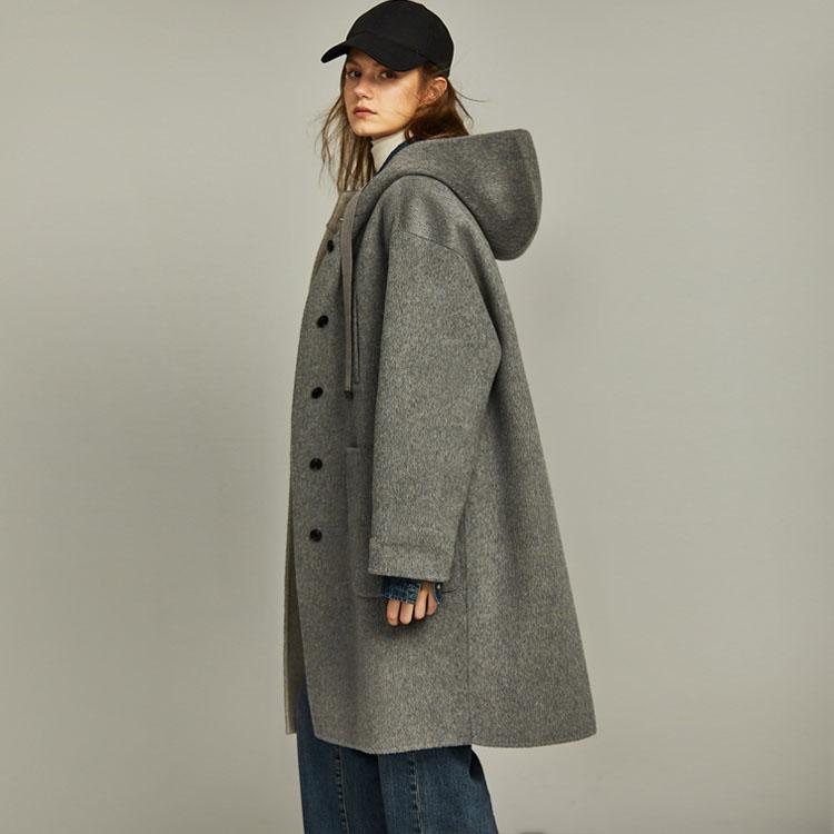 ELLE French Style Gray Sheepskin Mid-Length Single-Breasted Casual Loose Versatile Hooded Long Sleeve Double-Sided Wool Soft Coat Women Coats EN36356