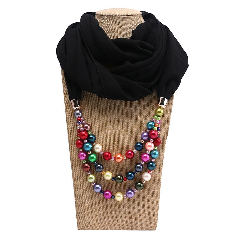 Elegant Chiffon Scarf Necklace with Double Layer Pearl Beads – Classic Women’s Fashion Accessory for Everyday & Formal Wear